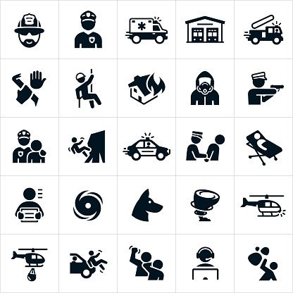 A set of emergency services icons. The icons represent law enforcement, fire fighting, search and rescue and EMS themes and include a fire fighter, police officer, ambulance, fire station, fire truck, crime, rescuer, house fire, hazmat, police car, arrest, person on stretcher, criminal, hurricane, search dog, rescue dog, tornado, search helicopter, dispatch and show scenes of emergency and danger.