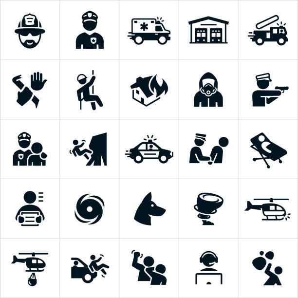 Emergency Services Icons A set of emergency services icons. The icons represent law enforcement, fire fighting, search and rescue and EMS themes and include a fire fighter, police officer, ambulance, fire station, fire truck, crime, rescuer, house fire, hazmat, police car, arrest, person on stretcher, criminal, hurricane, search dog, rescue dog, tornado, search helicopter, dispatch and show scenes of emergency and danger. police stock illustrations