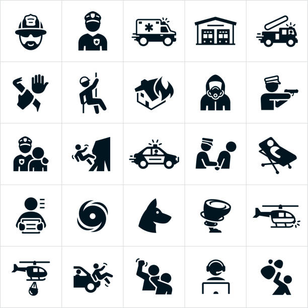 Emergency Services Icons A set of emergency services icons. The icons represent law enforcement, fire fighting, search and rescue and EMS themes and include a fire fighter, police officer, ambulance, fire station, fire truck, crime, rescuer, house fire, hazmat, police car, arrest, person on stretcher, criminal, hurricane, search dog, rescue dog, tornado, search helicopter, dispatch and show scenes of emergency and danger. first responders icon stock illustrations