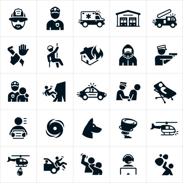 Emergency Services Icons A set of emergency services icons. The icons represent law enforcement, fire fighting, search and rescue and EMS themes and include a fire fighter, police officer, ambulance, fire station, fire truck, crime, rescuer, house fire, hazmat, police car, arrest, person on stretcher, criminal, hurricane, search dog, rescue dog, tornado, search helicopter, dispatch and show scenes of emergency and danger. rescue dogs stock illustrations