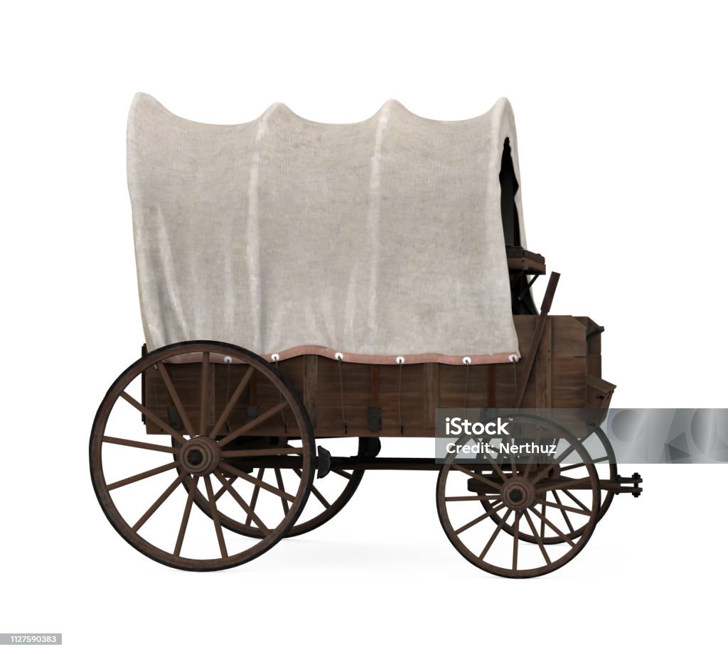 Covered Wagon Isolated Covered Wagon isolated on white background. 3D render Covered Wagon Stock Photo