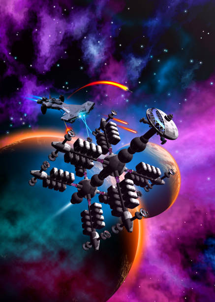 istock Space station under attack, a spaceship launching missiles against some structures with weapons, 3d illustration 1127593211