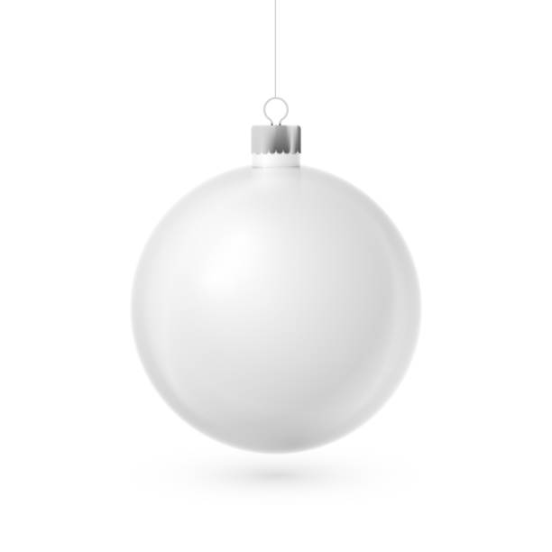istock Realistic White Christmas ball with silver ribbon, isolated on white background. Merry Christmas greeting card. Vector illustration 1127594004