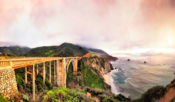 Photo of Bixby Creek Bridge at located at California State Route 1. Cloudy day.