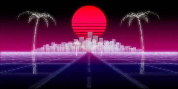 Photo of neon city palms road 80 Retro Background 3d render