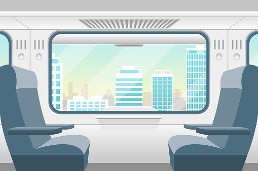 Cartoon Train Inside Interior and Window View Landscape Comfortable Voyage Concept Element Flat Design Style. Vector illustration
