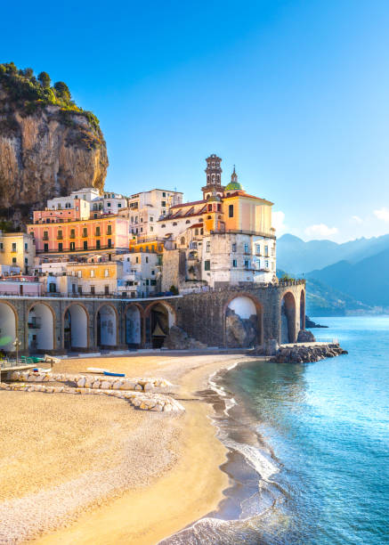 Morning view of Amalfi cityscape, Italy Morning view of Amalfi cityscape on coast line of mediterranean sea, Italy portofino photos stock pictures, royalty-free photos & images
