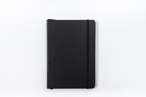 Concepto de negocio - vista superior colección de cuaderno negro en el escritorio de fondo blanco para maqueta photo