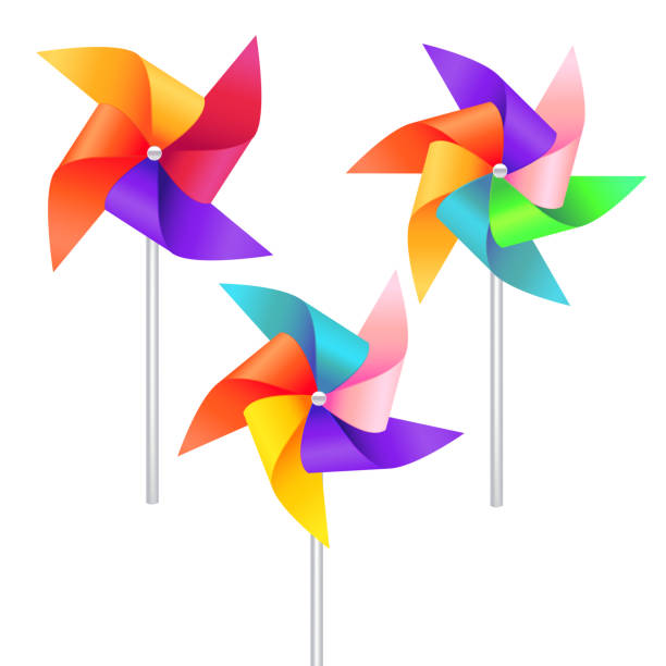 Realistic Detailed 3d Wind Mill Toy Set. Vector Realistic Detailed 3d Wind Mill Toy Set Isolated on a White Background. Vector illustration of Pinwheel or Windmill Wheel Rotation colorful paper windmill toy stock illustrations