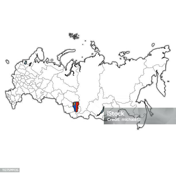 Kemerovo Oblast Flag On Map With Administrative Divisions Of Russia - Arte vetorial de stock e mais imagens de Azul