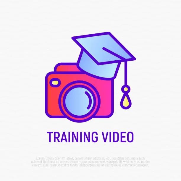 Vector illustration of Training video thin line icon: camera in graduation cap. Modern vector illustration for logo of tutorial video.