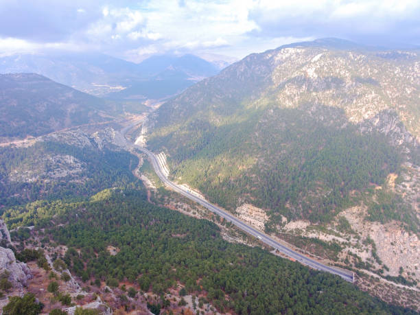 Aerial view of highway among the mountains
