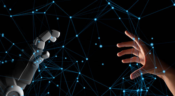 istock Human hand and robot hand with network connection lines on black screen background, artificial intelligence, AI, in futuristic digital technology and business concept, 3d illustration 1127603030