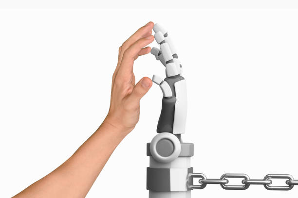 istock Human hand and robot hand in chain isolated on white background, artificial intelligence, AI, in futuristic technology concept. 3d illustration 1127603587