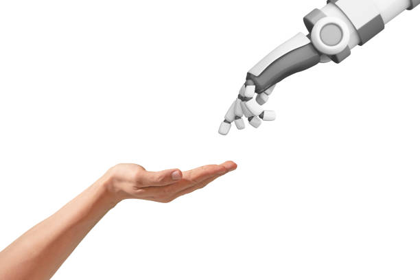 istock Human hand and robot hand with empty space on white background, artificial intelligence, AI, in futuristic digital technology and business concept, 3d illustration 1127603610