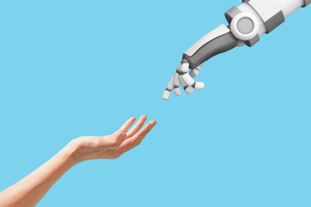 istock Human hand and robot hand with empty space on blue background, artificial intelligence, AI, in futuristic digital technology and business concept, 3d illustration 1127603611