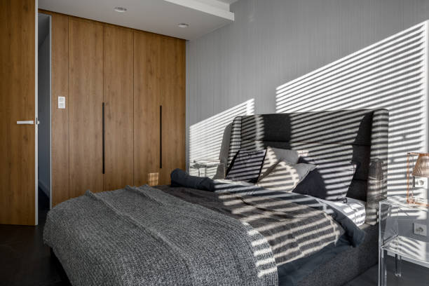 istock Bedroom with wooden wardrobe 1127607416
