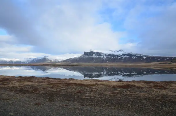 Lake with the reflection of the Rhyolite Mountains in Iceland.