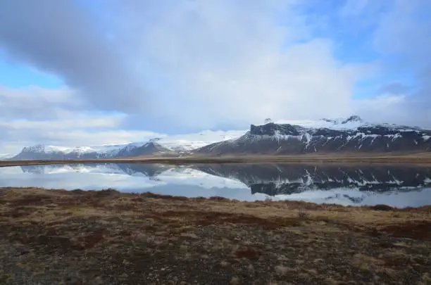 Icelandic landscape reflecting in a pool of water.