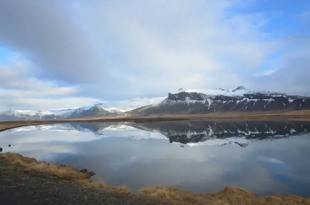 Water reflections of snow covered mountains in Iceland.
