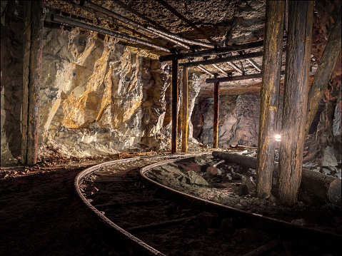 Railway in the abandoned limestone mine 'Sock'. Samara Region. Russia.