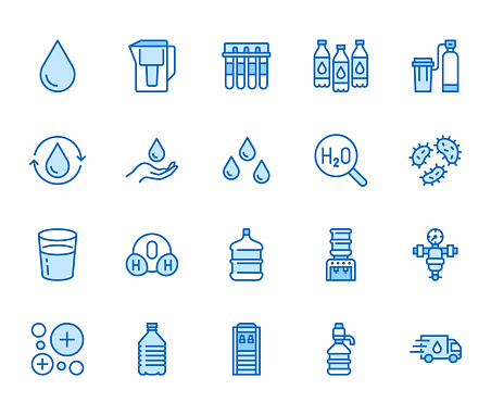 Water drop flat line icons set. Aqua filter, softener, ionization, disinfection, glass vector illustrations. Thin signs for bottle delivery. Pixel perfect 64x64. Editable Strokes.