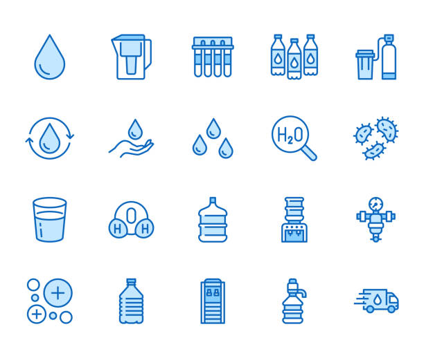 Water drop flat line icons set. Aqua filter, softener, ionization, disinfection, glass vector illustrations. Thin signs for bottle delivery. Pixel perfect 64x64. Editable Strokes Water drop flat line icons set. Aqua filter, softener, ionization, disinfection, glass vector illustrations. Thin signs for bottle delivery. Pixel perfect 64x64. Editable Strokes. hand water pump stock illustrations