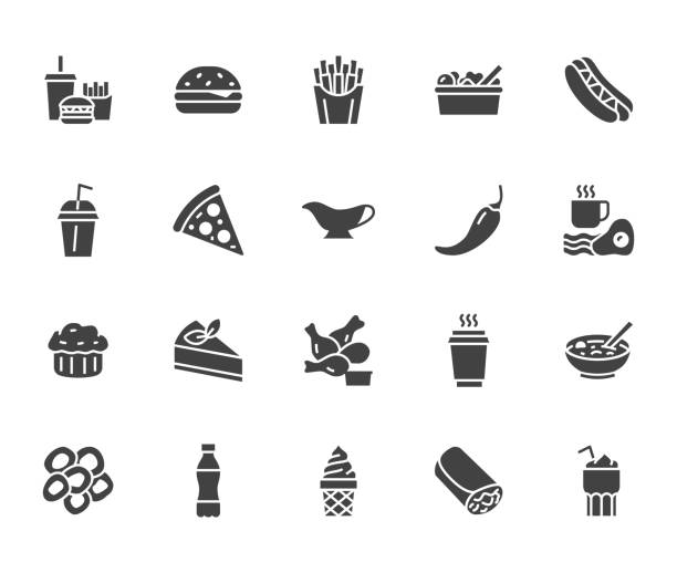 Fast food flat line glyph set. Burger, combo lunch, french fries, hot dog, sauce, salad, soup, pizza vector illustrations. Signs for restaurant menu. Solid silhouette pixel perfect 64x64 Fast food flat line glyph set. Burger, combo lunch, french fries, hot dog, sauce, salad, soup, pizza vector illustrations. Signs for restaurant menu. Solid silhouette pixel perfect 64x64. lunch silhouettes stock illustrations