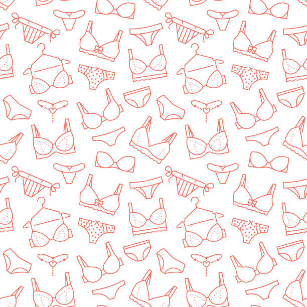 ilustrações, clipart, desenhos animados e ícones de padrão de lingerie sem costura com ícones de linha plana de tipos de sutiã, calcinha. fundo de calcinha mulher, ilustrações vetoriais de sutiã, biquini, moda praia. bonito papel de parede branco vermelho para roupas loja - lingerie