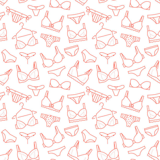 Lingerie seamless pattern with flat line icons of bra types, panties. Woman underwear background, vector illustrations of brassiere, bikini, swimwear. Cute red white wallpaper for clothes store Lingerie seamless pattern with flat line icons of bra types, panties. Woman underwear background, vector illustrations of brassiere, bikini, swimwear. Cute red white wallpaper for clothes store. bra stock illustrations