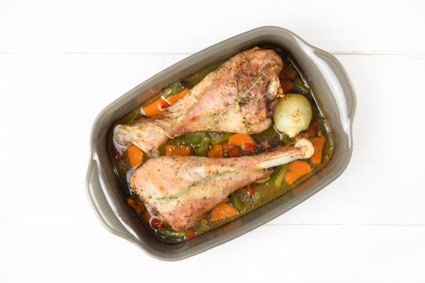 istock Top view of roasted turkey legs with vegetables in ceramic bowl 1127612099