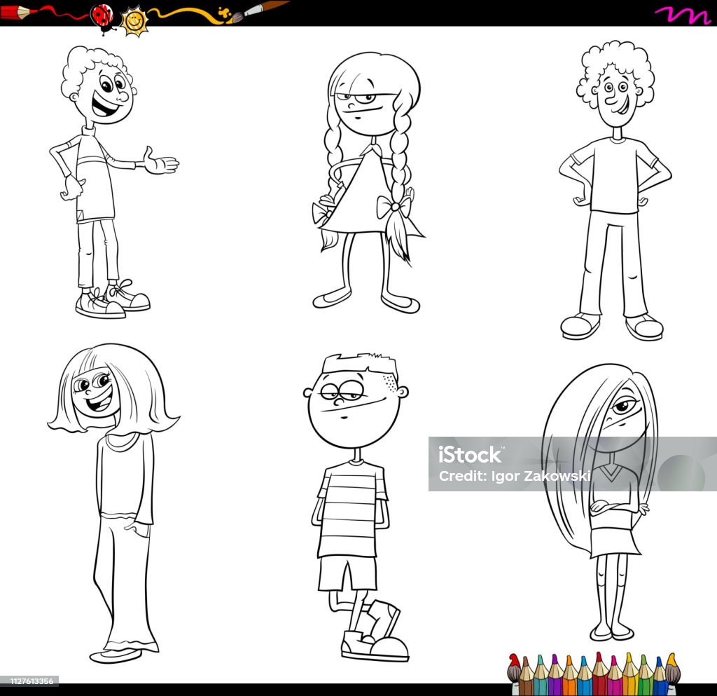 children or teenager characters set color book Black and White Cartoon Illustration of Teens and Children Characters Set Coloring Book Activity stock vector