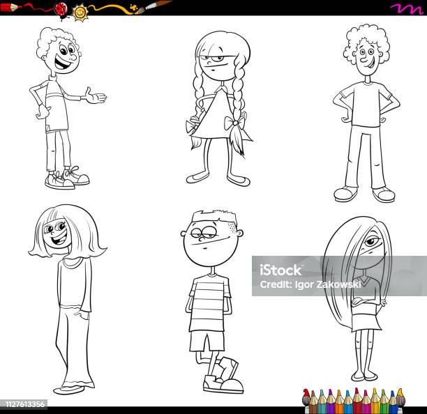 Children Or Teenager Characters Set Color Book Stock Illustration - Download Image Now - Activity, Arranging, Black And White