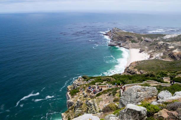 aerial view of steep cliffs from cape point, cape of good hope, south africa - south africa africa cape of good hope cape town imagens e fotografias de stock