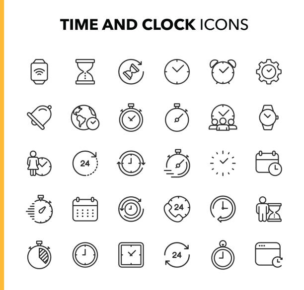 時間とクロック ライン アイコン。編集可能なストローク。ピクセル パーフェクトな。モバイルと web.時計、時間、期限、カレンダー、スマートウォッチなどのアイコンが含まれています。 - efficiency hourglass time business点のイラスト素材／クリップアート素材／マンガ素材／アイコン素材