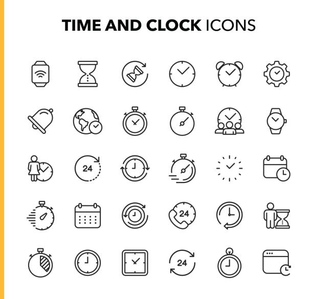 Time and Clock Line Icons. Editable Stroke. Pixel Perfect. For Mobile and Web. Contains such icons as Clock, Time, Deadline, Calendar, Smartwatch. Outline Icon Set. after hours logo stock illustrations