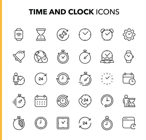 Vector illustration of Time and Clock Line Icons. Editable Stroke. Pixel Perfect. For Mobile and Web. Contains such icons as Clock, Time, Deadline, Calendar, Smartwatch.