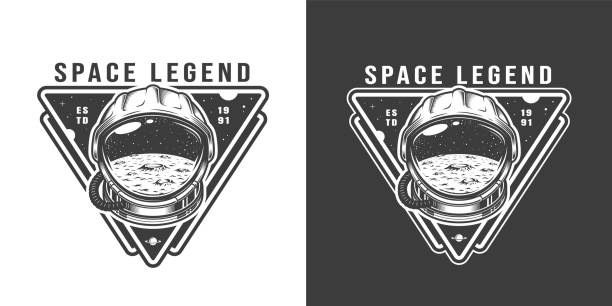 Vintage monochrome space badge Vintage monochrome space badge with moon surface and stars in cosmonaut helmet isolated vector illustration astronaut patterns stock illustrations
