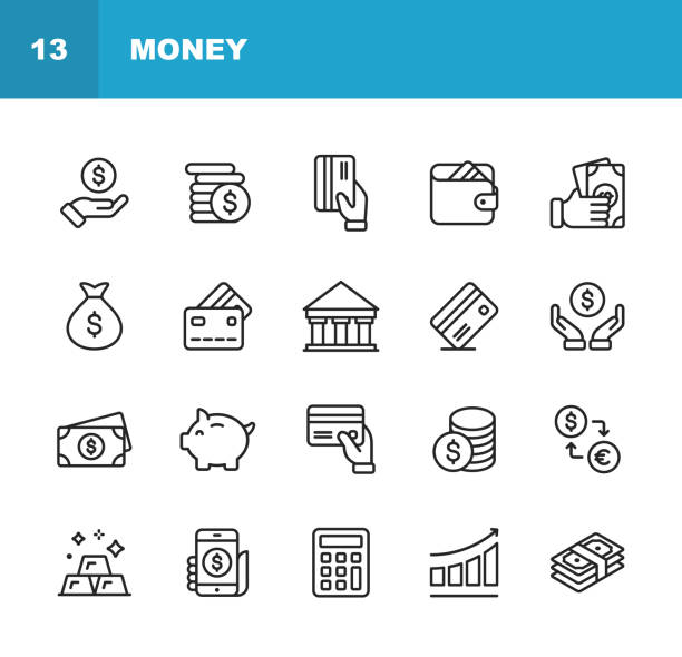 ikony linii pieniężnych. edytowalny obrys. pixel perfect. dla urządzeń mobilnych i sieci web. zawiera takie ikony jak pieniądze, portfel, wymiana walut, bankowość, finanse. - finanse stock illustrations