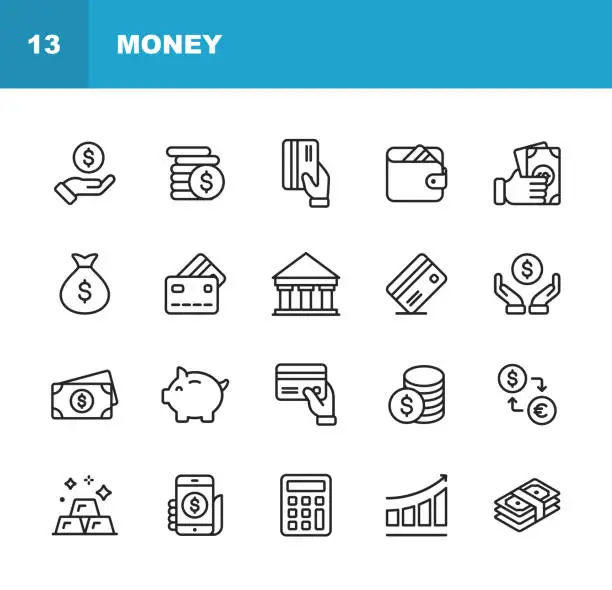 Vector illustration of Money Line Icons. Editable Stroke. Pixel Perfect. For Mobile and Web. Contains such icons as Money, Wallet, Currency Exchange, Banking, Finance.