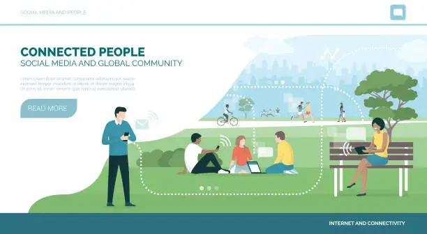 Vector illustration of People spending time outdoors and connecting online