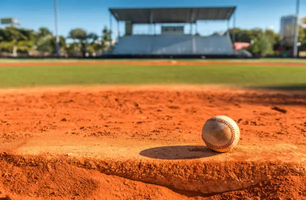 Baseball balls on pitcher’s mound rubber.