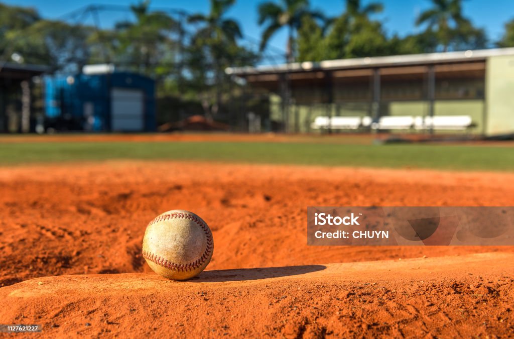 Baseball practice Baseball balls on pitcher’s mound rubber. Adolescence Stock Photo
