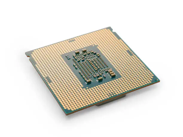 CPU close up with selective focus. Isolated on white, clipping path included