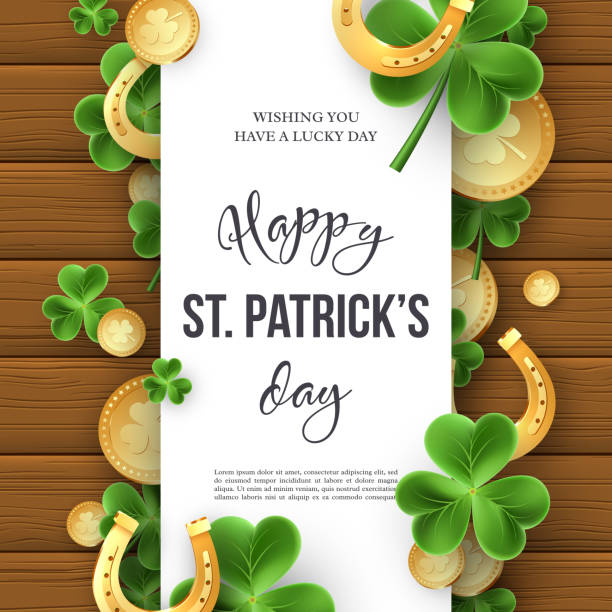 ilustrações, clipart, desenhos animados e ícones de st. patricks day saudação projeto de férias. - cards symbol clover horse