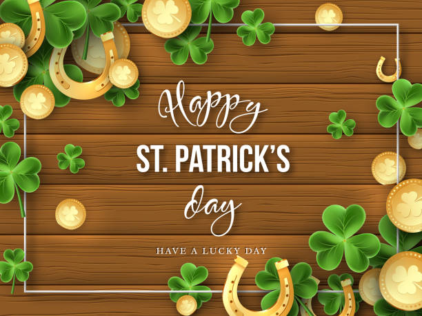 St. Patricks Day greeting holiday design. St. Patricks Day background. Clover leaves, golden horseshoes and coins on wooden texture for greeting holiday design. Vector illustration. horseshoe horse luck good luck charm stock illustrations