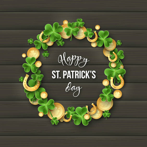 ilustrações, clipart, desenhos animados e ícones de st. patricks day saudação projeto de férias. - cards symbol clover horse