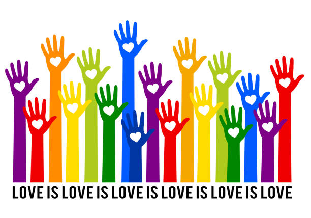 Rainbow hands with hearts, love is love, vector illustration Rainbow hands with hearts, love is love, lgbt, gender equality, vector background lgbtqia pride event stock illustrations