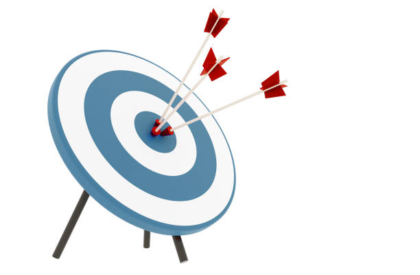 arrows a frappé le rendu 3d de la cible - dartboard bulls eye target scoreboard photos et images de collection