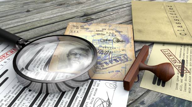 istock Top secret document, declassified, confidential information, secret text. Rubber stamp and magnifying glass. Passport, secret agent 1127626439